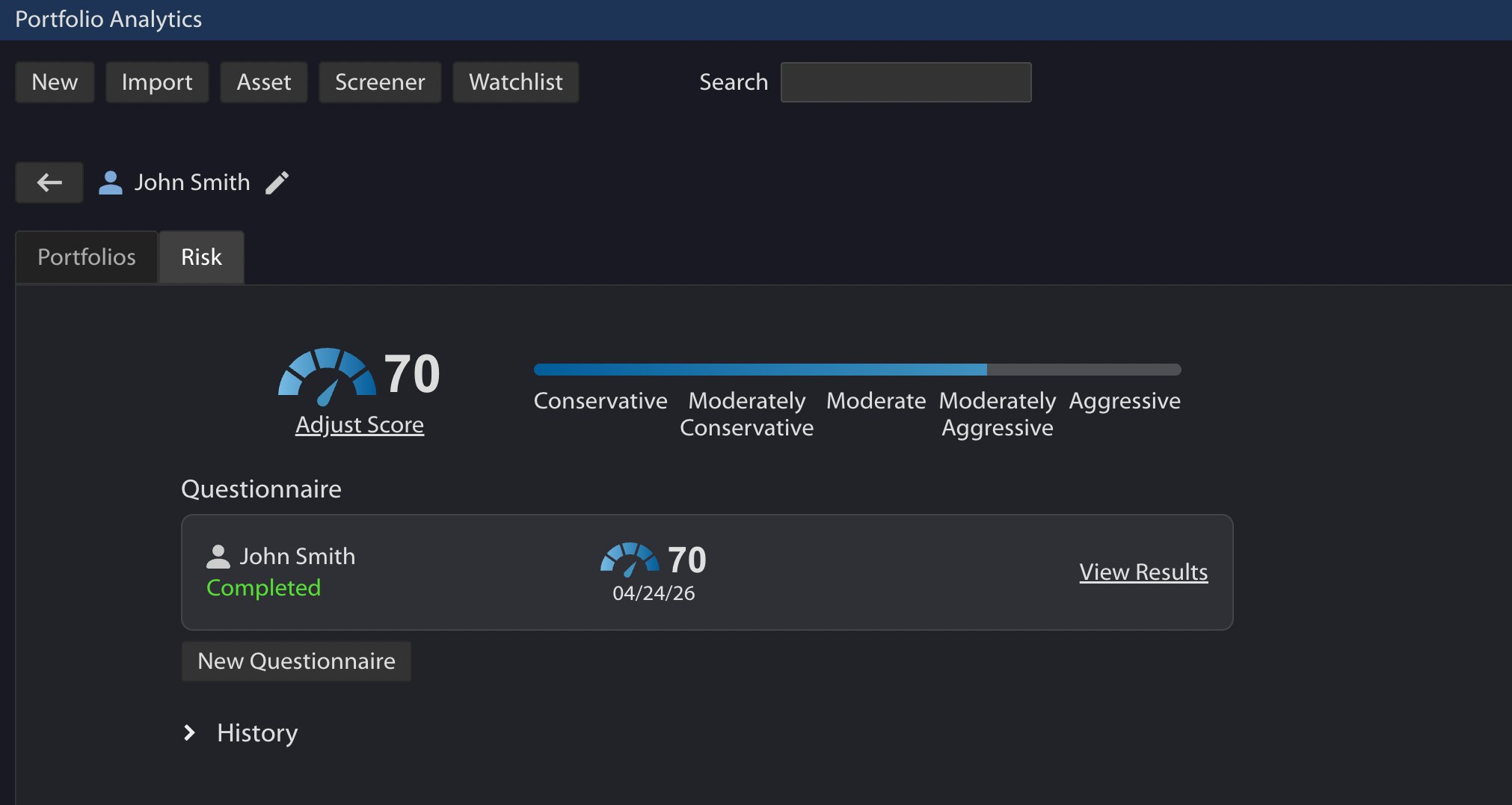 Client risk view showing a risk score of 70 on a Conservative-to-Aggressive scale with questionnaire status
