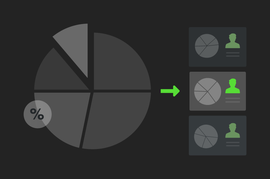 Illustration showing a single model portfolio being shared across multiple client cards, representing team-wide model deployment